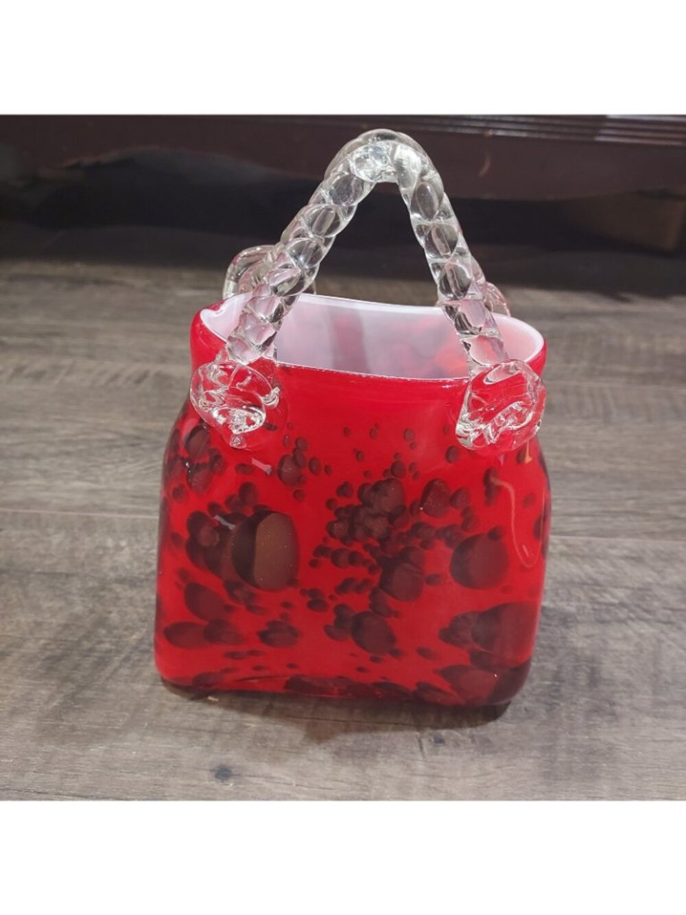 Hand Blown Red Glass Purse Vase Gold Fleck Cheetah Print - Picture 9 of 14